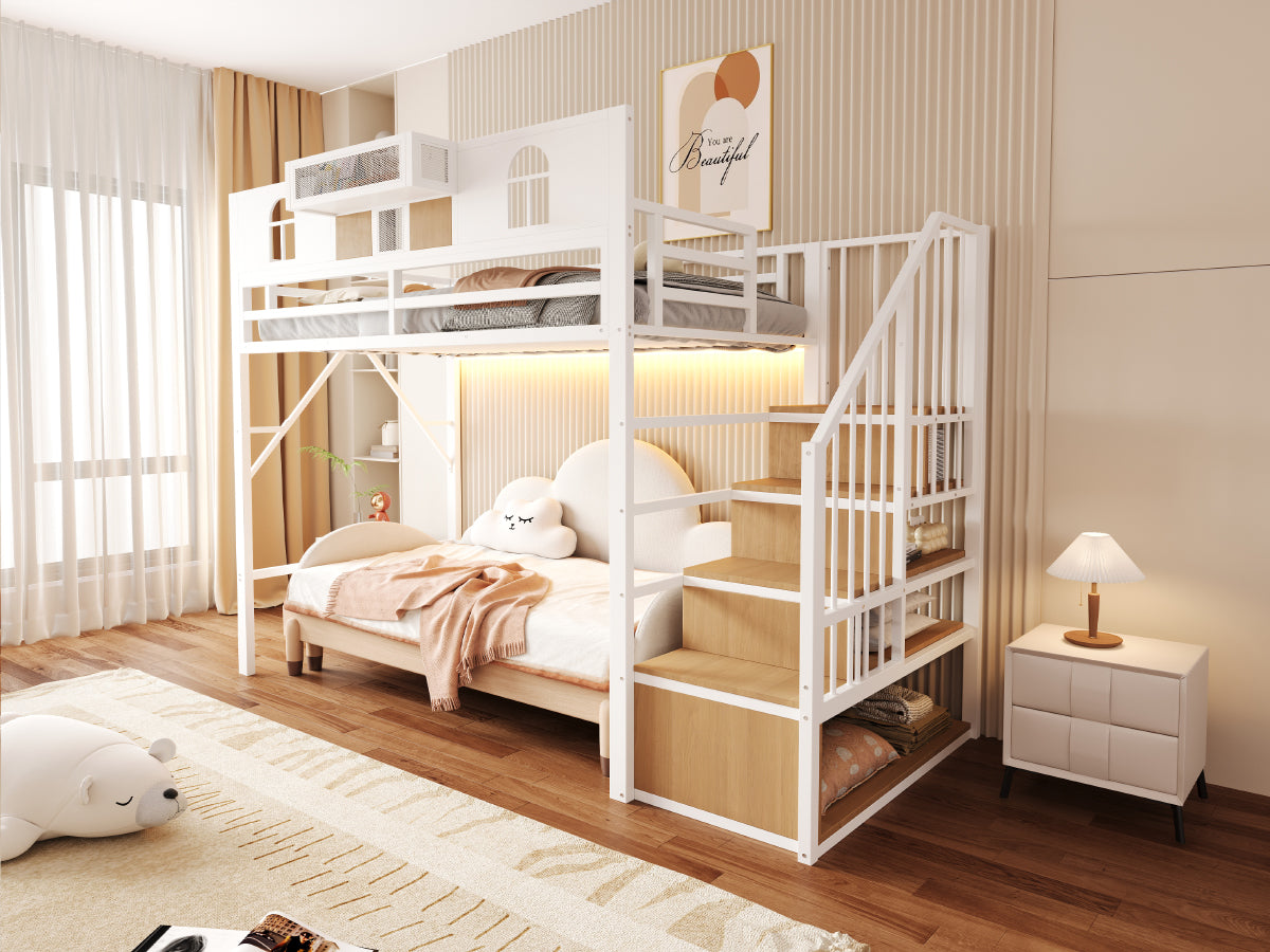 Metal Loft Bed 90x200cm with Storage Ladder & Light Strip, White