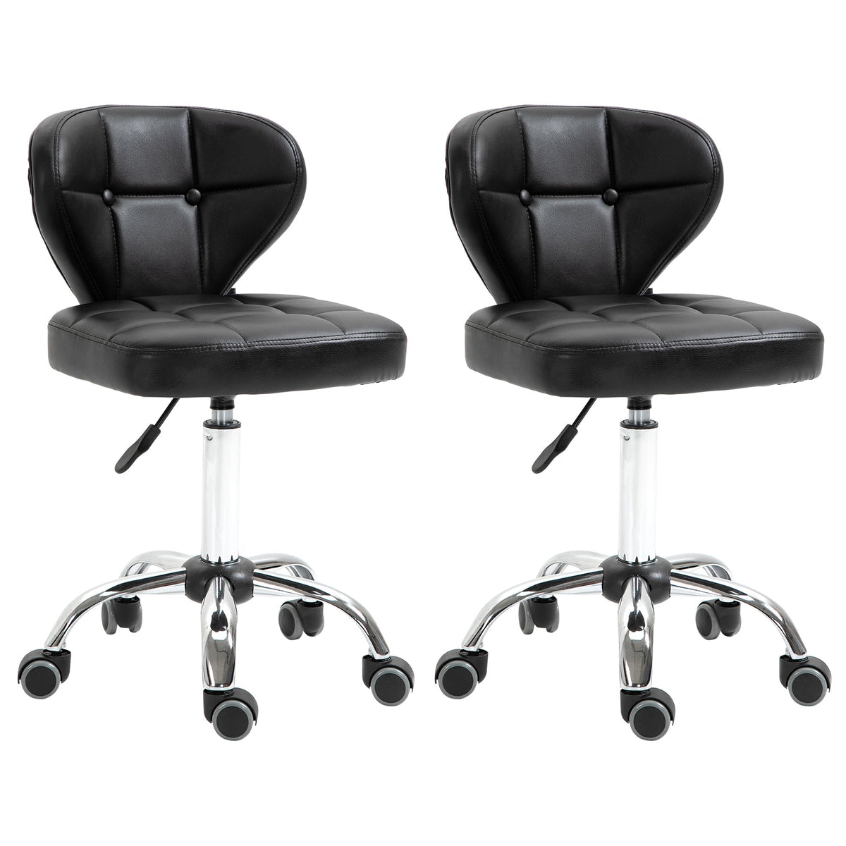 Rolling Stools, Set of 2, Swivel, Height-Adjustable, Dark Grey Faux Leather & Steel