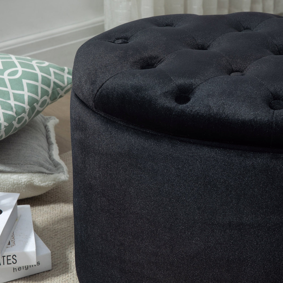 Bench Upholstered Modern Storage Oval Shape, Velvety Polyester Black