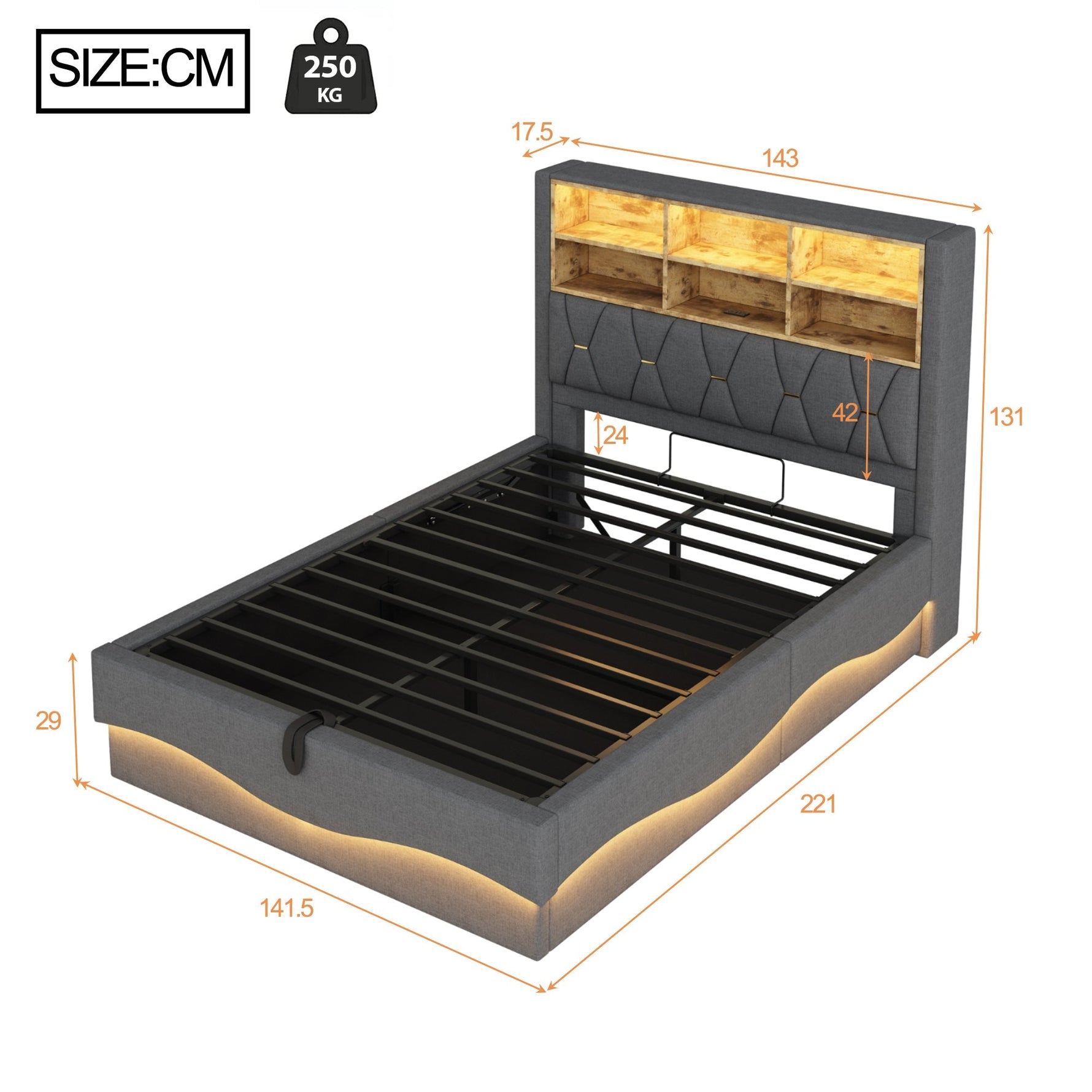 Upholstered Bed 140x200 Hydraulic Storage LED/USB Slatted Frame, Linen Grey