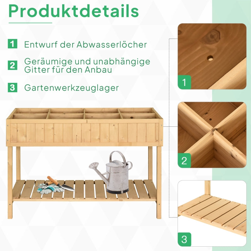 Planting Table Raised Bed, 8 Compartments with Drainage, Fir Solid Wood