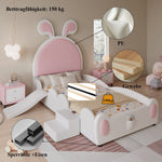 Upholstered Single Bed with Slide, Bunny Ears Headboard, 90x200cm, PU White/Pink