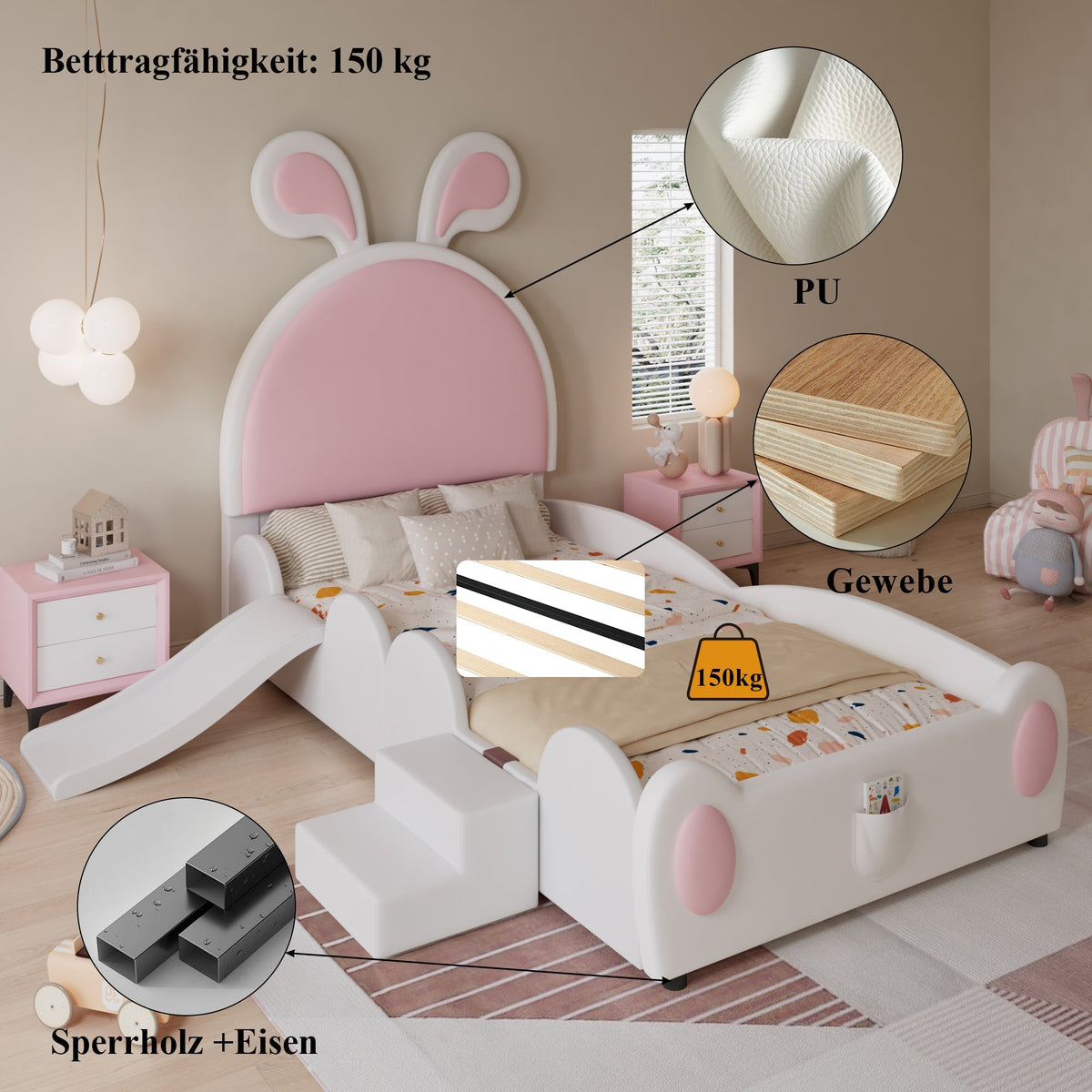 Upholstered Single Bed with Slide, Bunny Ears Headboard, 90x200cm, PU White/Pink