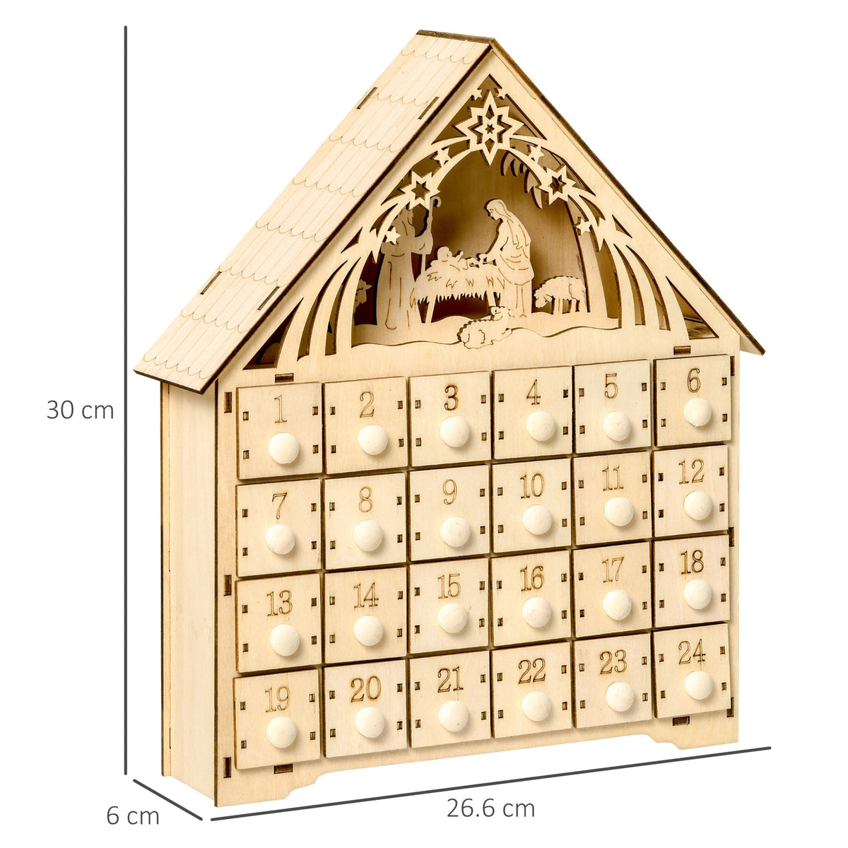 Advent Calendar, 24 Drawers, LED Lights, Natural Wood