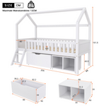 House Bed for Children and Youth 200x90 with Drawers, Storage and Anti-Drop Railing, White Pine