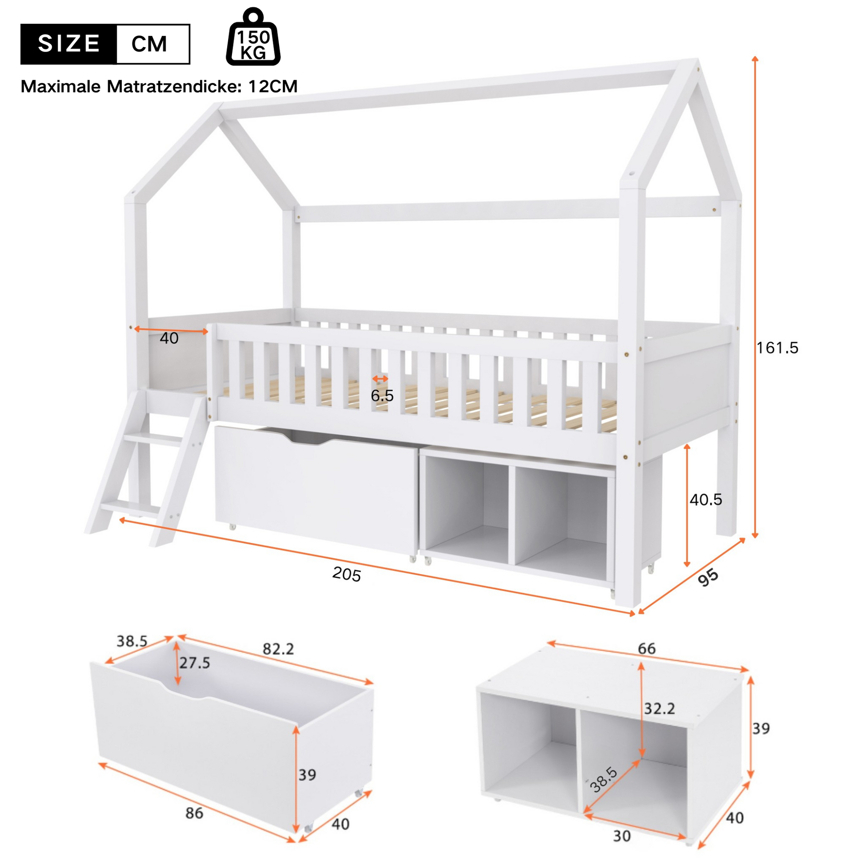 House Bed for Children and Youth 200x90 with Drawers, Storage and Anti-Drop Railing, White Pine