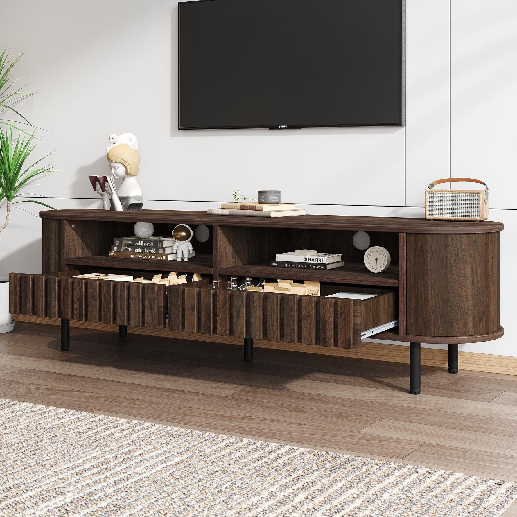TV Cabinet Lowboard 160cm 2 Cabinets 2 Drawers for 65-inch TV Walnut