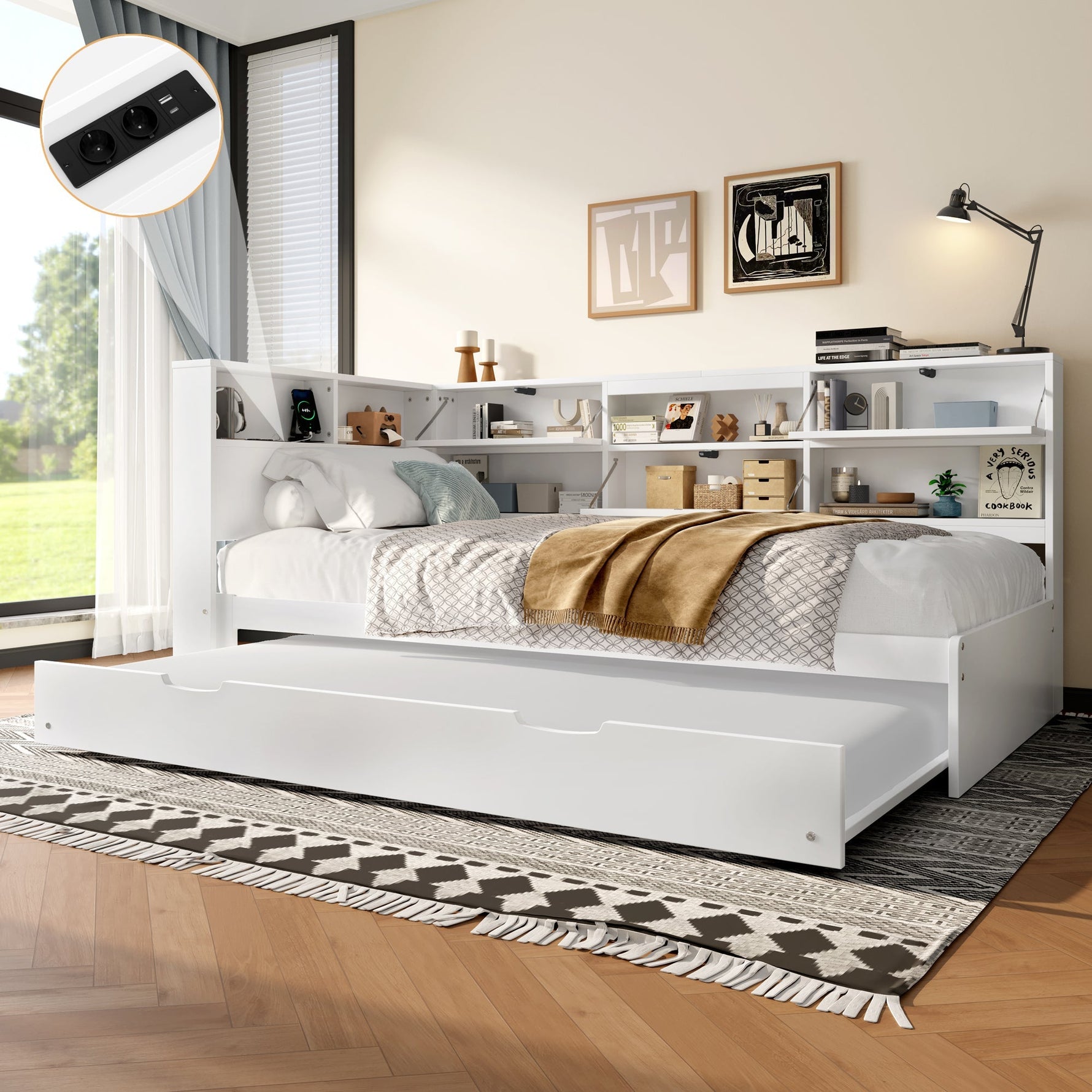 Daybed Sofa Bed with 90x200cm Storage Headboard and Extendable Bed, White