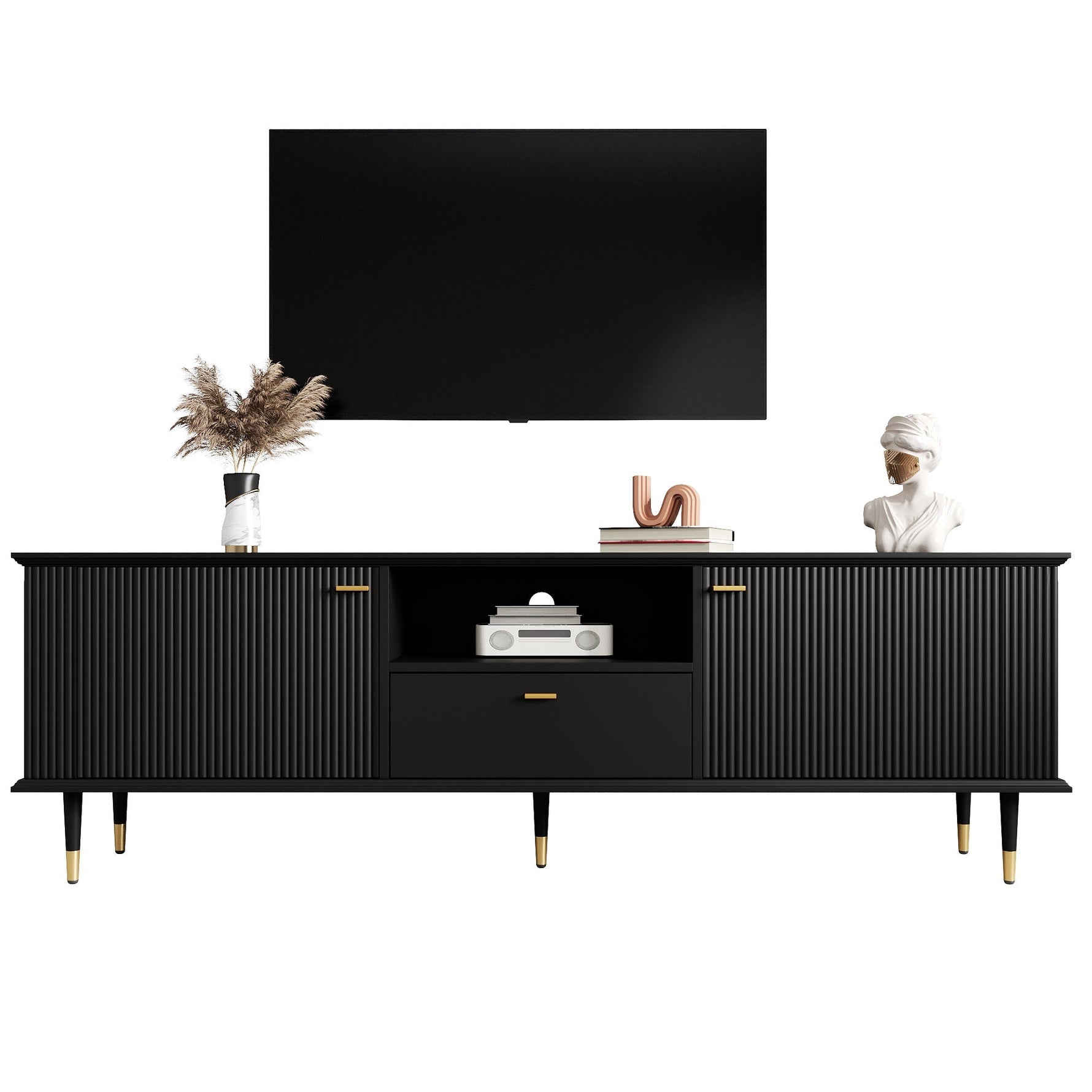 TV Cabinet with Open Compartments, Drawers and Soft-Close Hinges, Lacquered Textured Surface