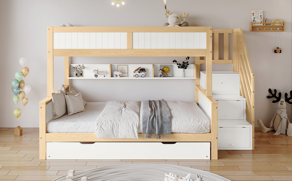 Bunk Bed, Trundle & Wardrobe, Corner Stairs, Pine+MDF, White+Natural