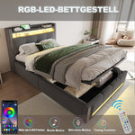 Upholstered Children's Bed 90x200cm, LED & USB, Storage Headboard, Grey Linen