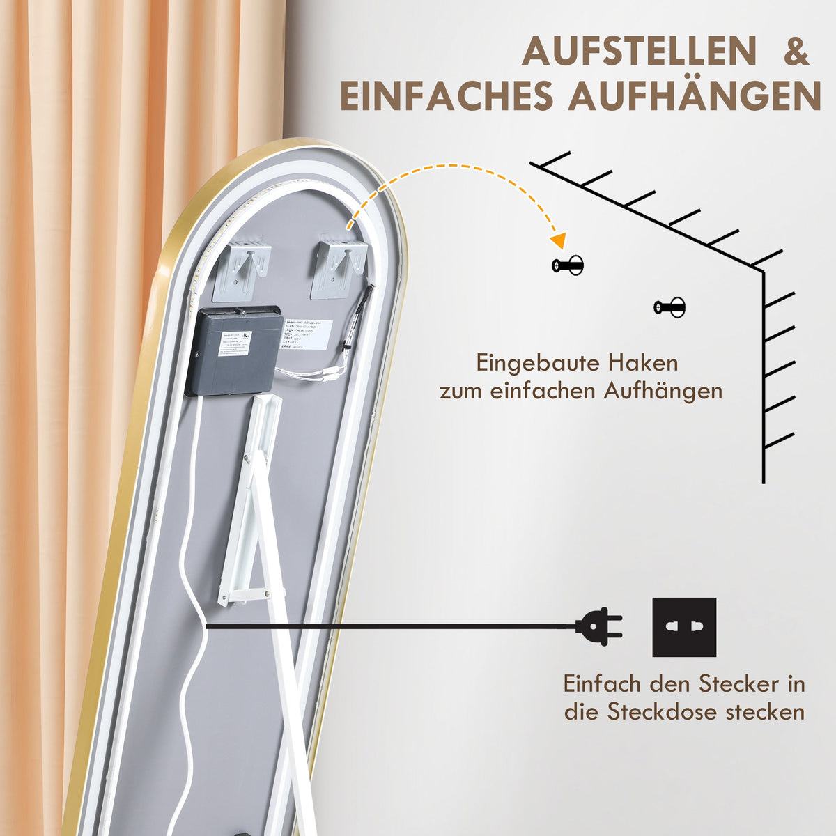 Full-Length Mirror, Dimmable LED, Wall & Standing, Touch Switch, Gold