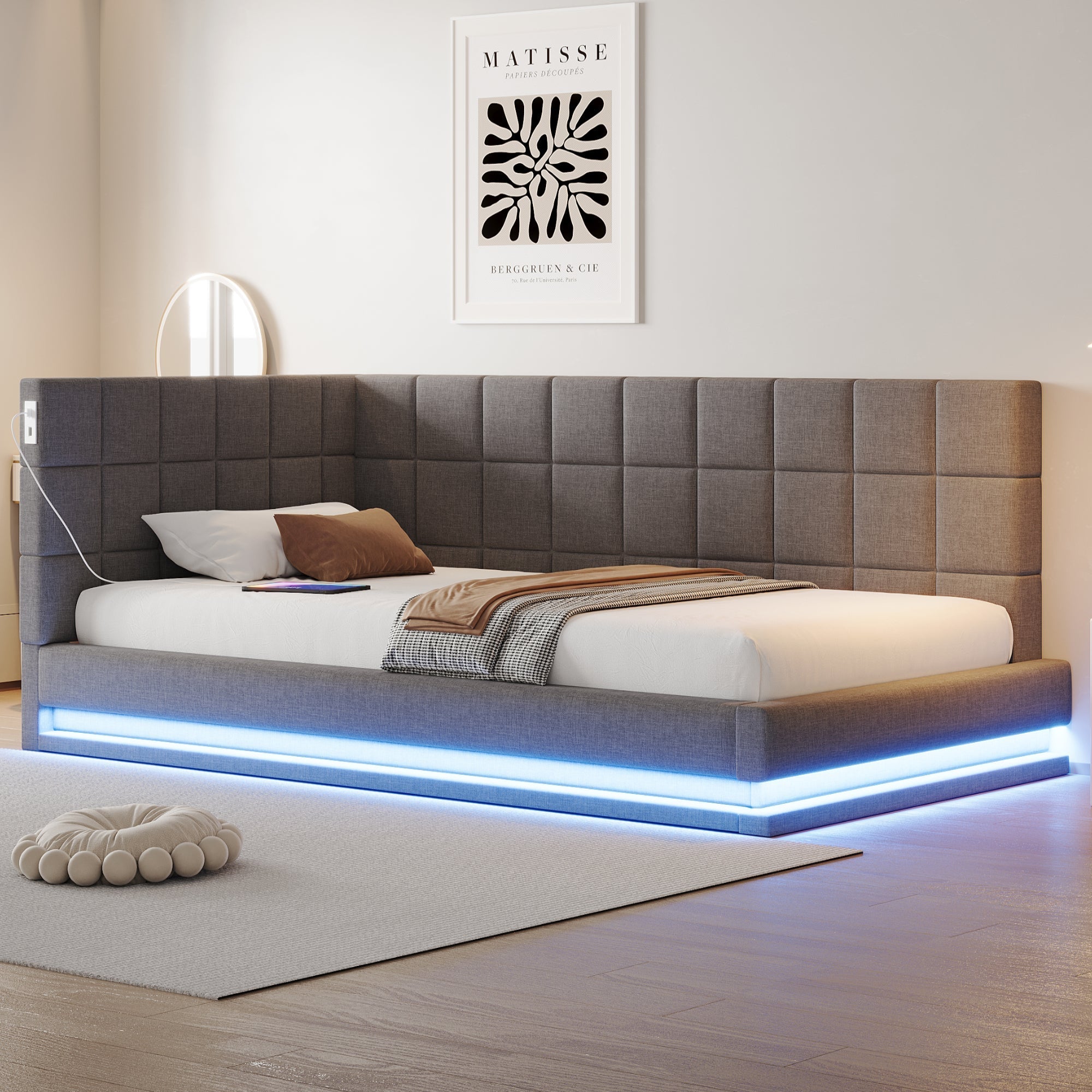 Upholstered Bed Sofa, 90x200 Multifunctional with LED & USB, Linen Fabric Grey