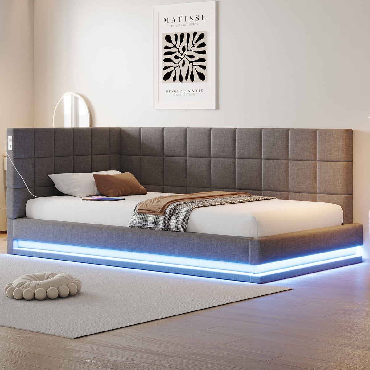 Upholstered Bed Sofa, 90x200 Multifunctional with LED & USB, Linen Fabric Grey