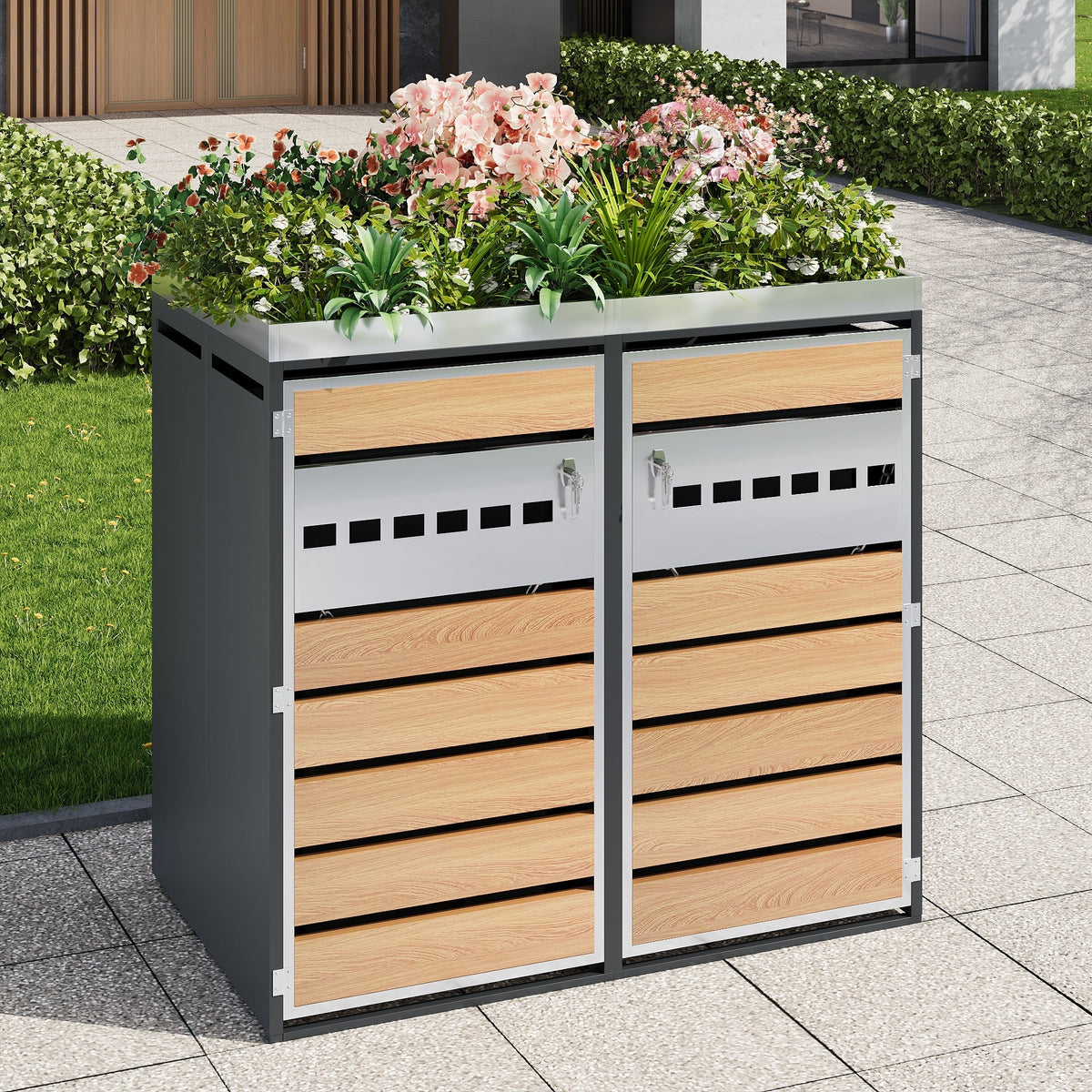 Trash Can Storage Box with Lockable Two Doors and Planting Area, Ventilation, Steel
