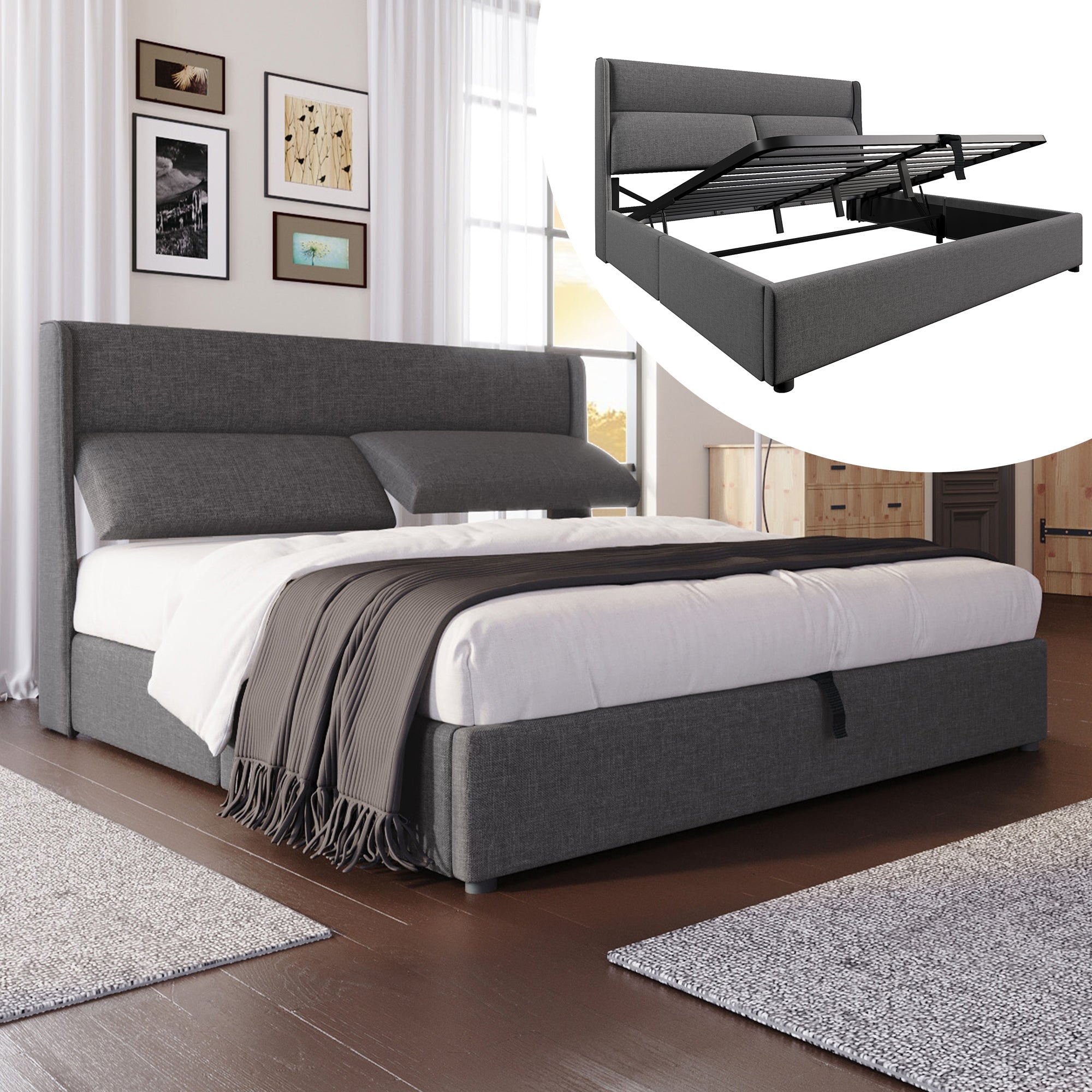 Upholstered Double Bed 180x200cm Hydraulic Storage Adjustable Headrest Linen Grey