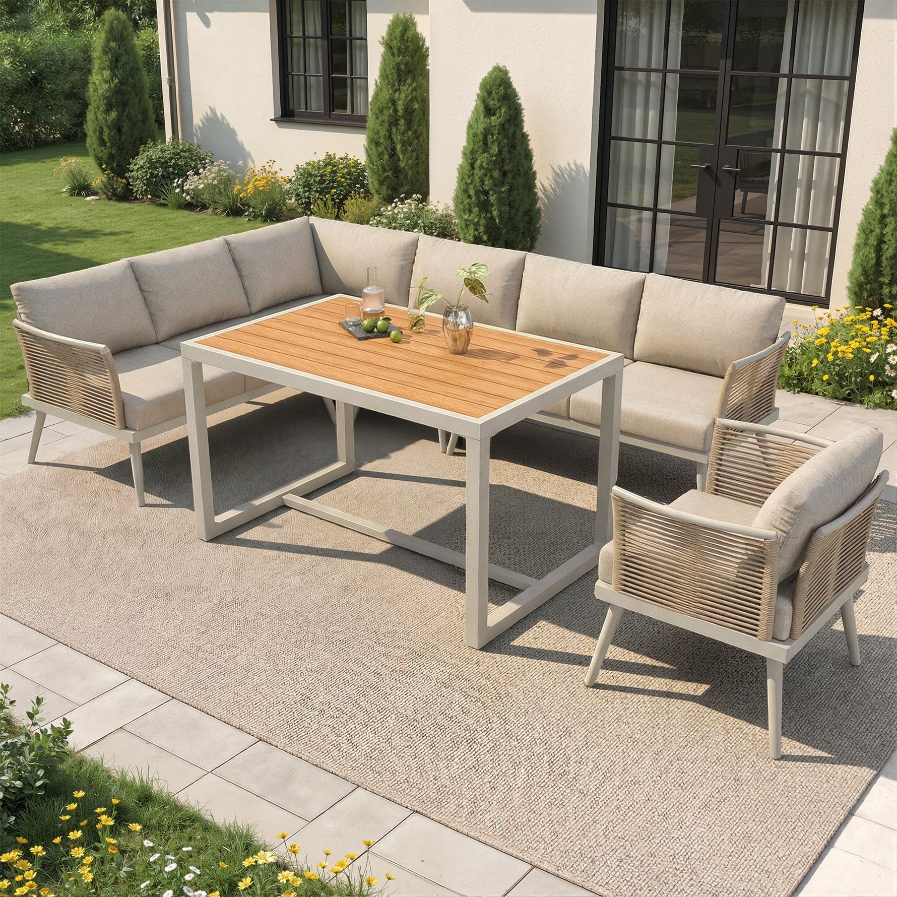 L-Shaped Garden Sofa Set with Coffee Table and Armchair, Seven-Seater Weatherproof Iron, Grey and Beige