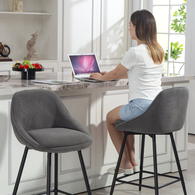 Set of 2 Bar Stools, Upholstered for Kitchen Island & Dining Room, Corduroy & Steel, Grey