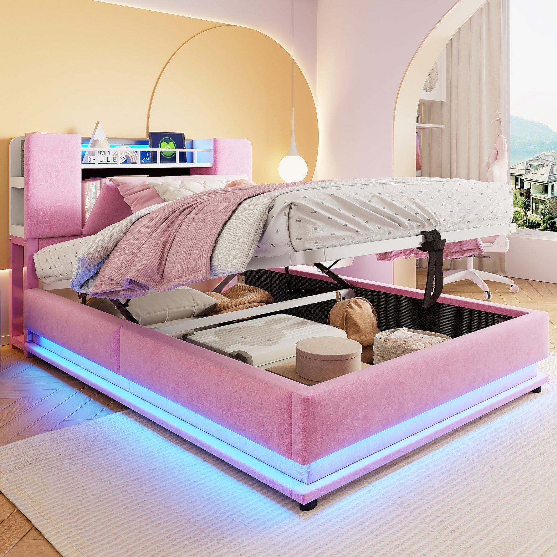 Smart Upholstered Bed for Children with LED, USB, and Hydraulic Storage, Pink Velvet