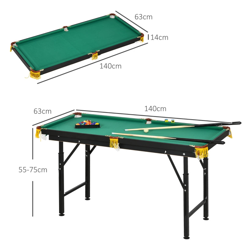 Pool Table with Folding and Height-Adjustable Design, Includes 2 Queues and 16 Balls, Green