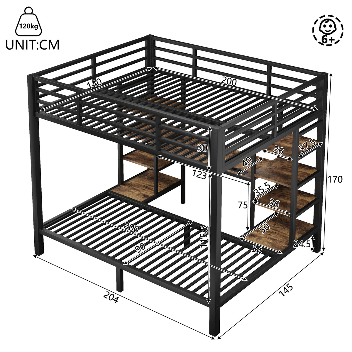 Bunk Bed 90/140x200 cm with Storage, USB & LED, Black Metal