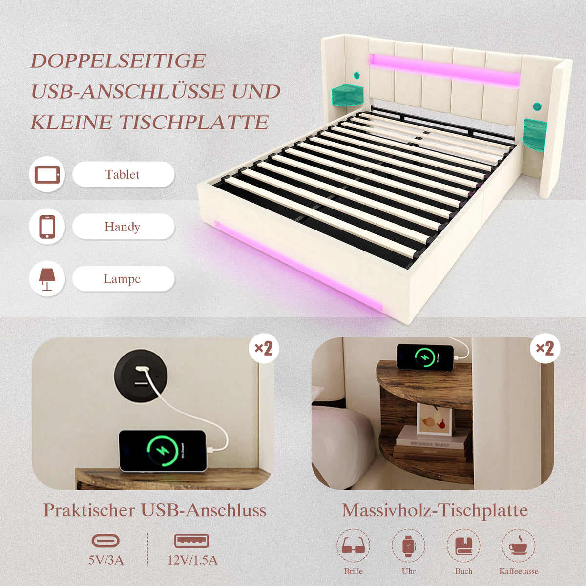 Multifunctional Bed Frame 160x200cm LED Hydraulic Storage Velvet