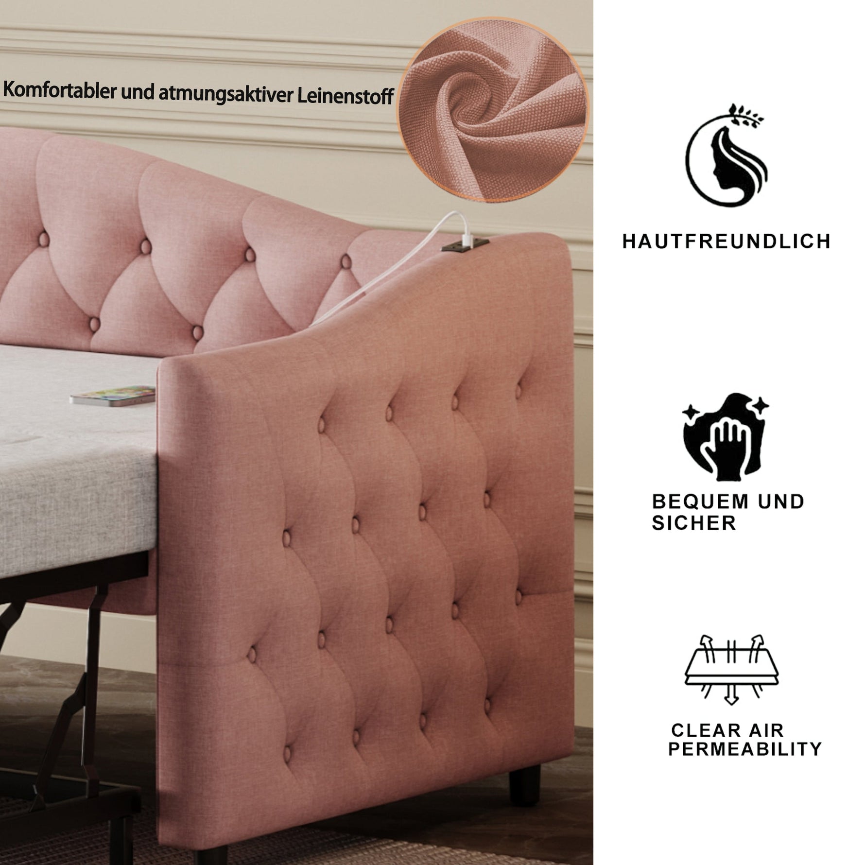 Upholstered Bed Pull-out Sofa Bed with USB Port, Pink Linen Fabric