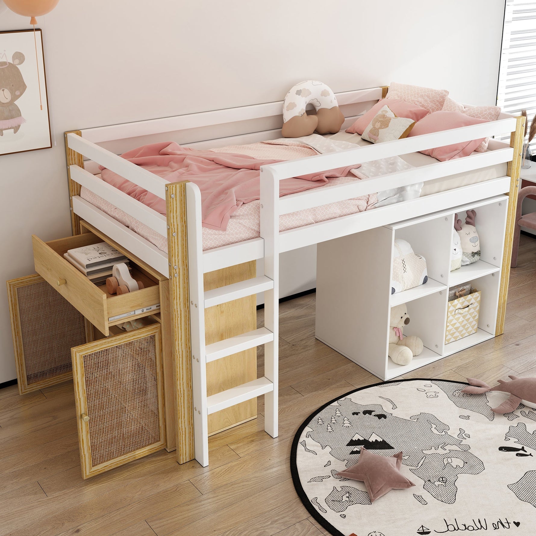 Children's Loft Bed with 2 Storage Cabinets and Ladder, 90x200cm, Natural and White