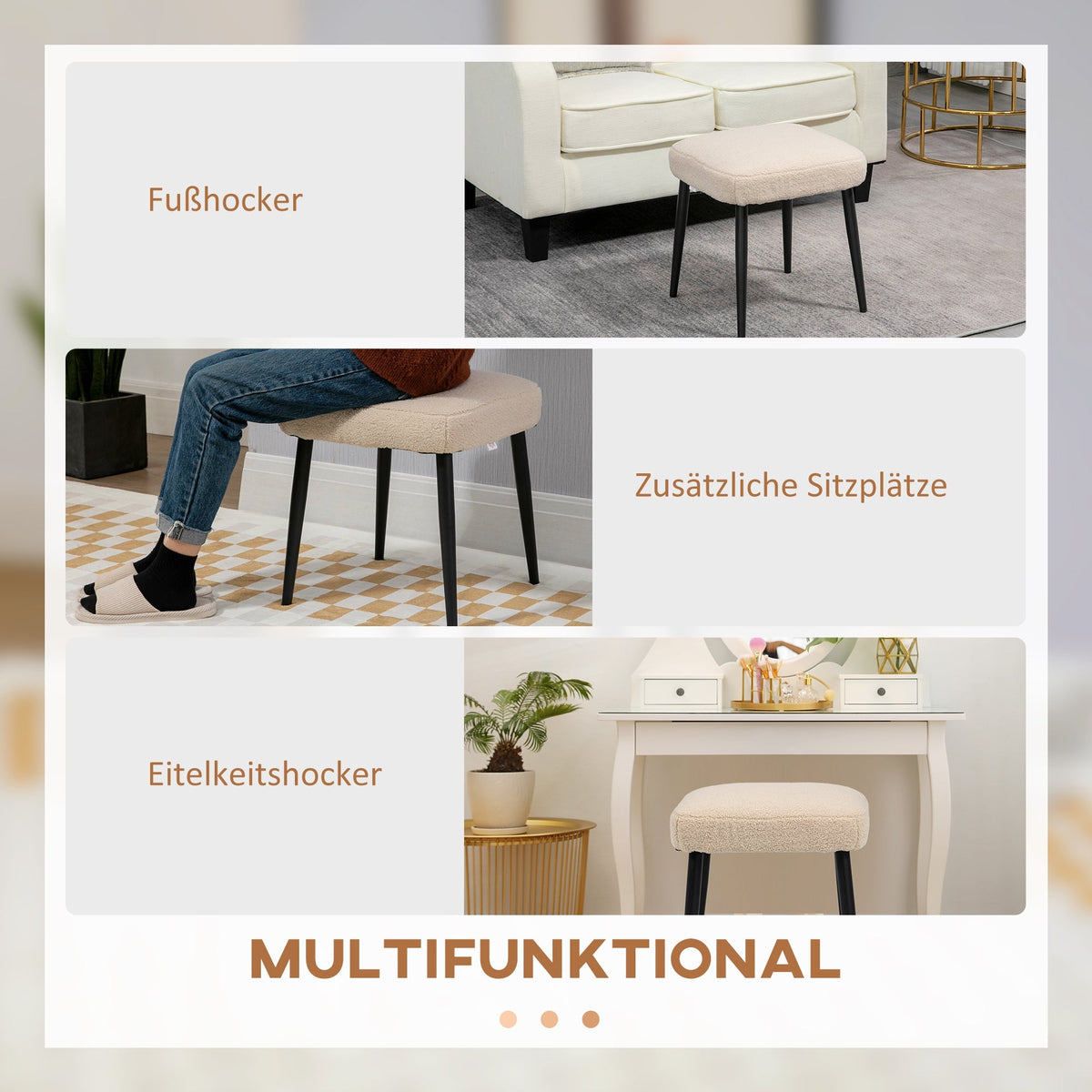 Footstool Square Stool Dressing Stool Steel Legs Cashmere Look Beige