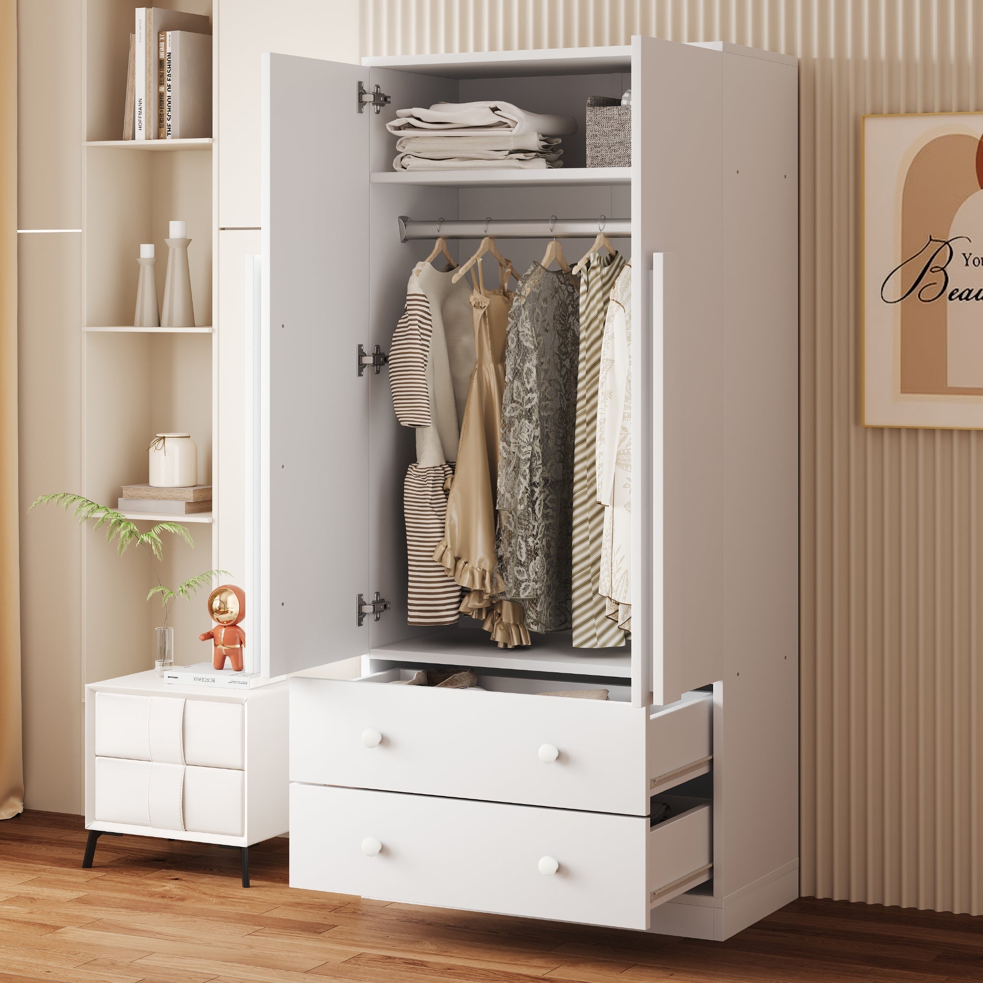 Wardrobe Double Door Drawers Storage 70x40x170cm, White