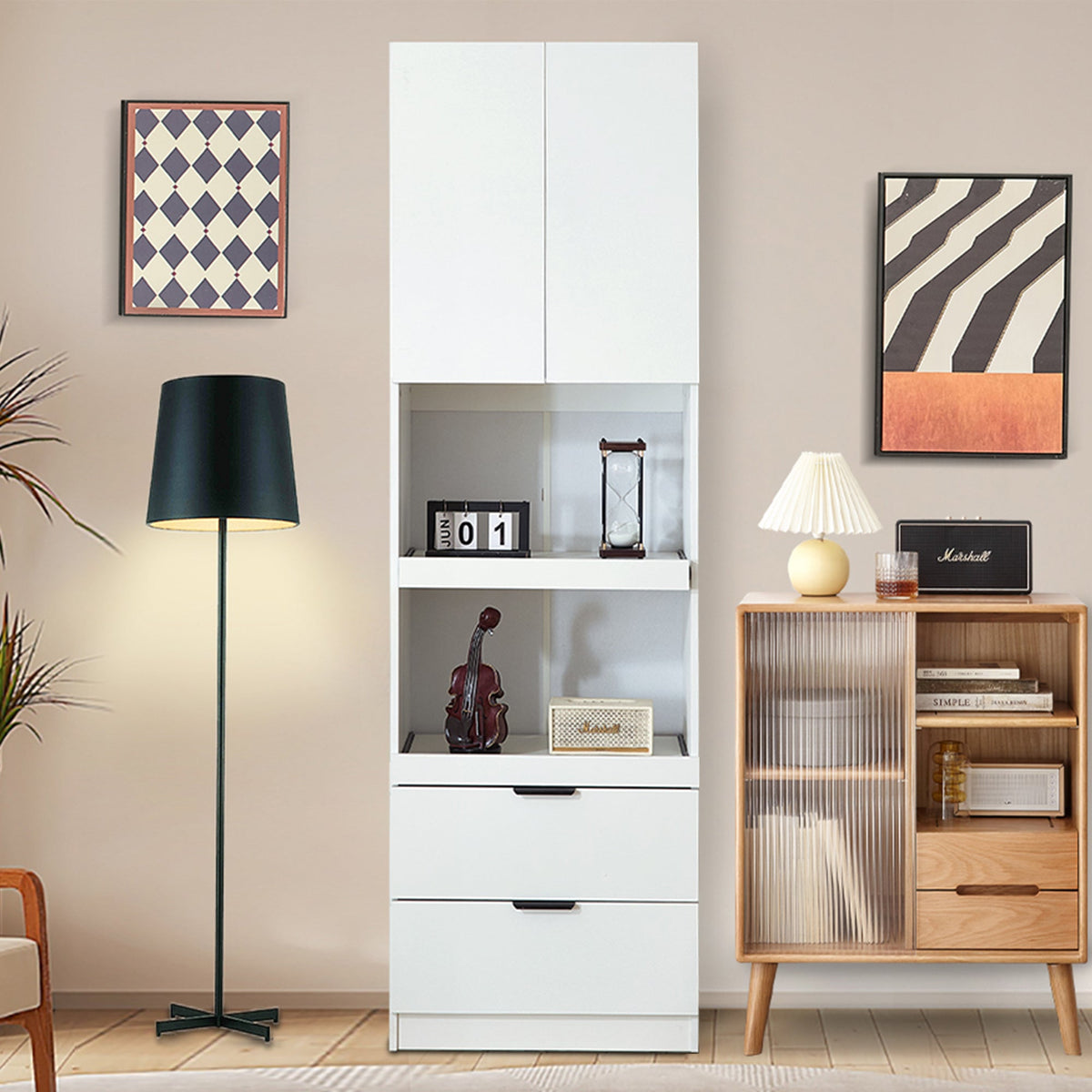 Tall Storage Cabinet 200cm High Doors Drawers Microwave Shelf - White