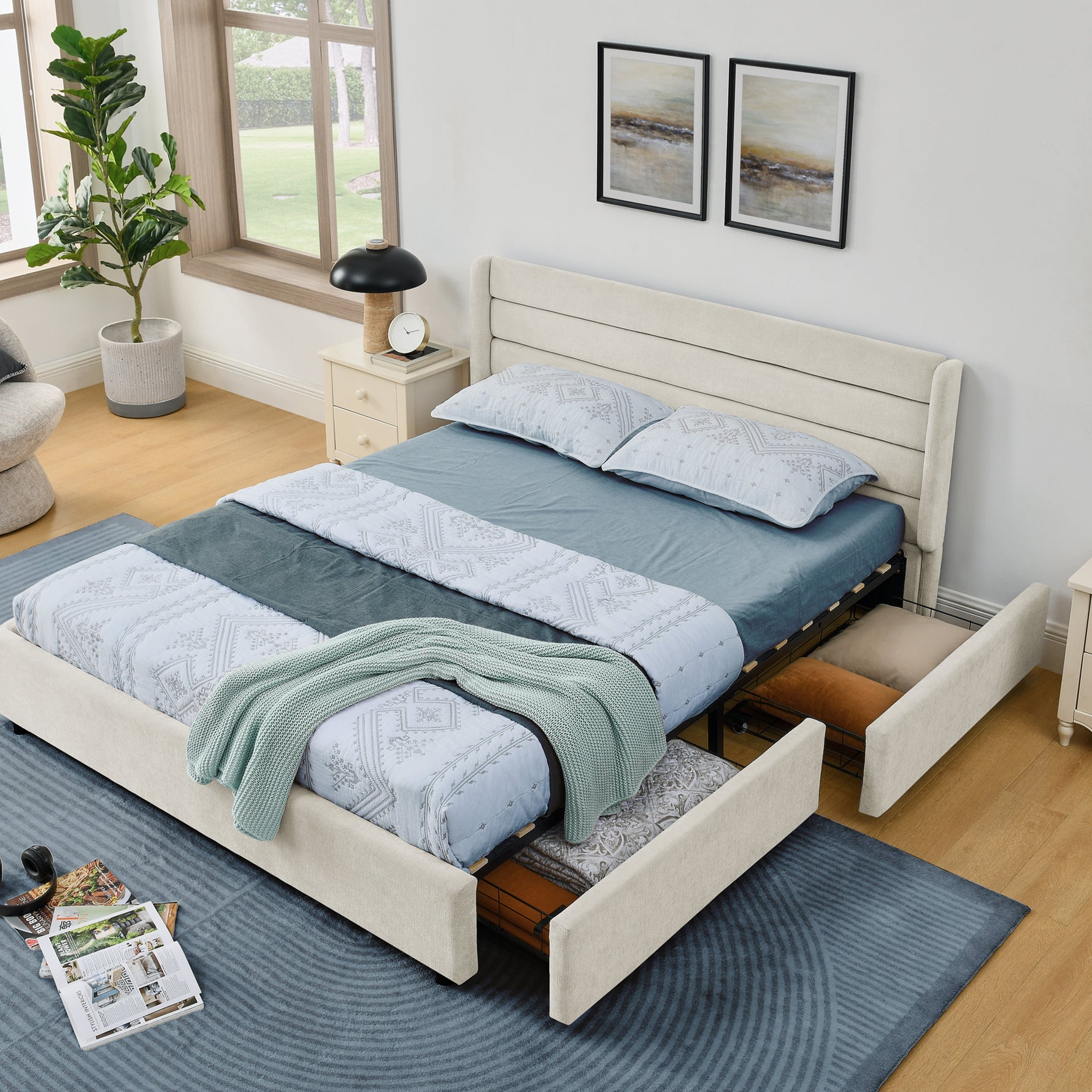 Double Bed 140x200cm 4 Storage Drawers Chenille - Beige