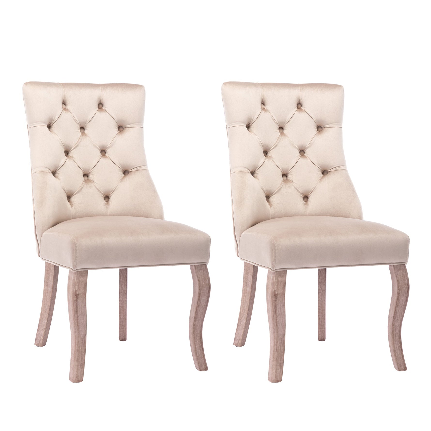Dining Chair Set of 2 High Back Button Tufting Solid Wood Frame Beige Velvet