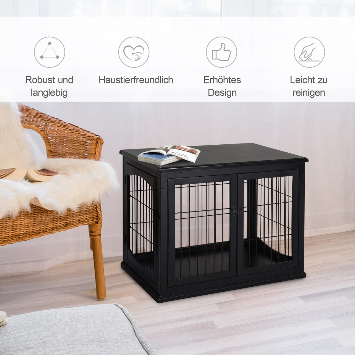 Dog House Table Top Indoor Cage, MDF Metal, Black