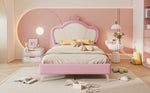 Upholstered Bed, Children's Single Bed with Crown Headboard & Metal Feet, PU Pink+White