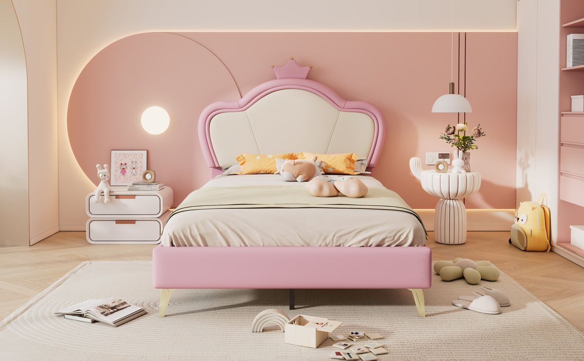 Upholstered Bed, Children's Single Bed with Crown Headboard & Metal Feet, PU Pink+White