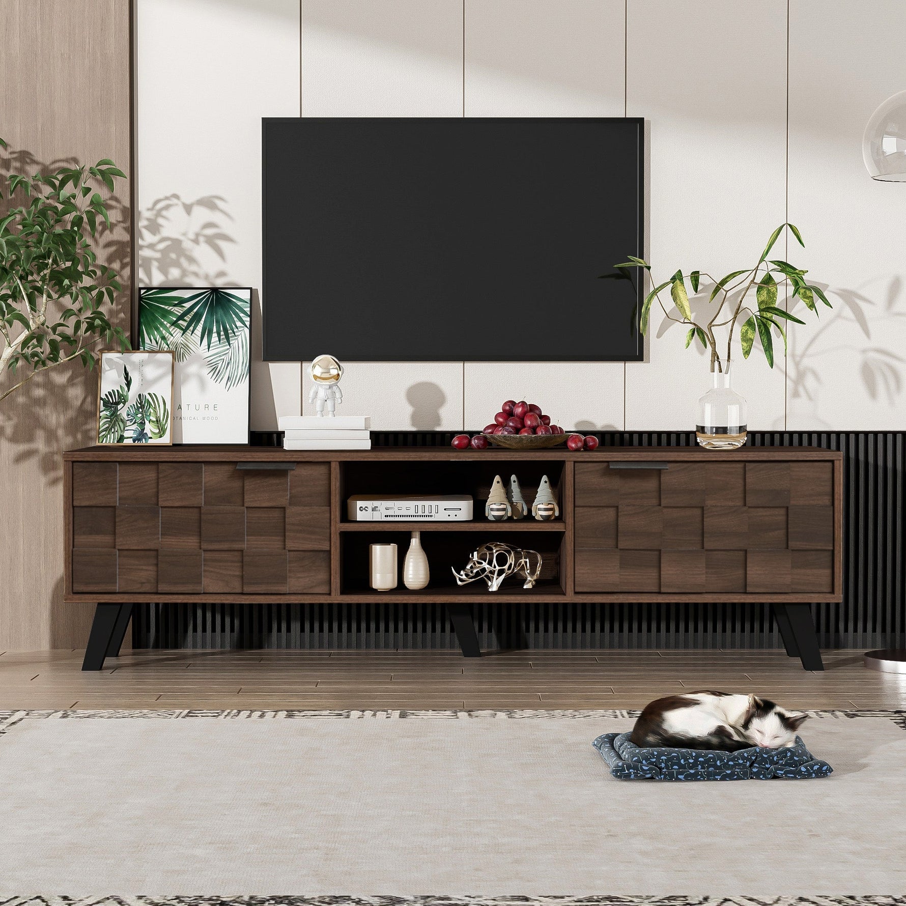 Modern TV Cabinet 2 Doors 2 Open Compartments 160.5cm - Dark Wood Grain