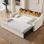 Sofa Bed 90x190cm with Trundle, Storage & LED, Beige Velvet