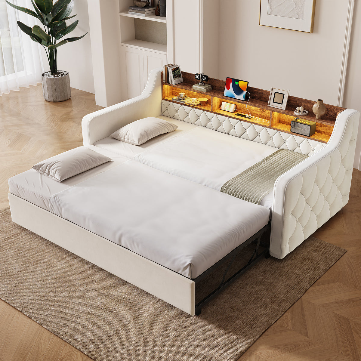 Sofa Bed 90x190cm with Trundle, Storage & LED, Beige Velvet