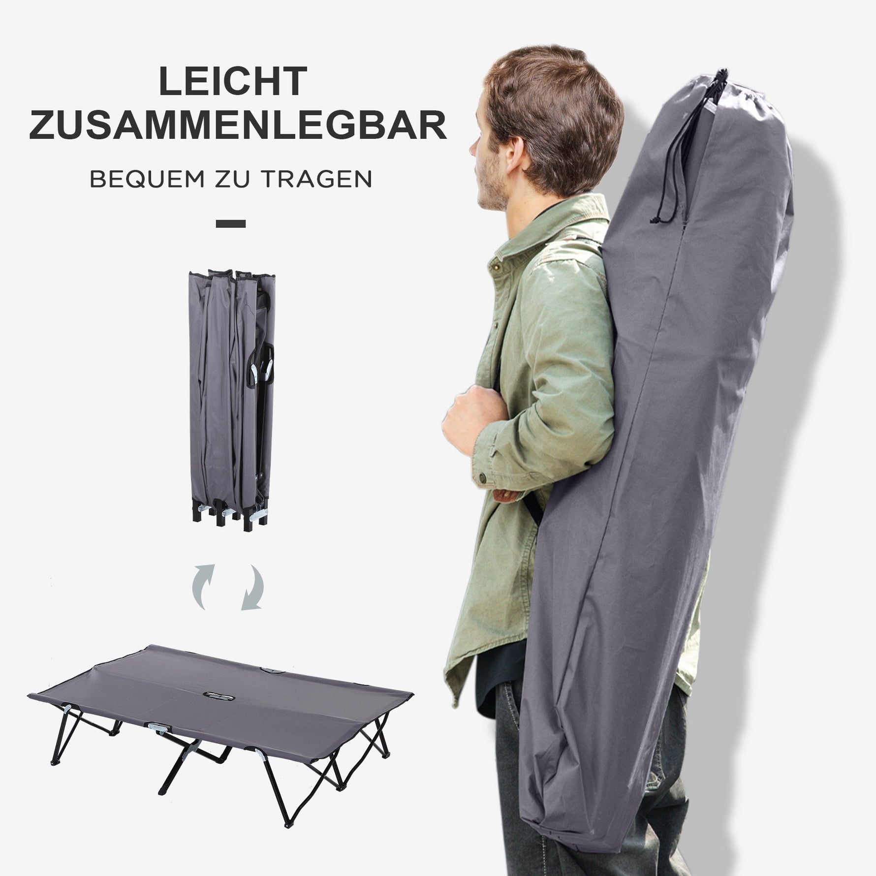 Folding Camping Bed, 2 Person, 136 kg, Steel Oxford Grey