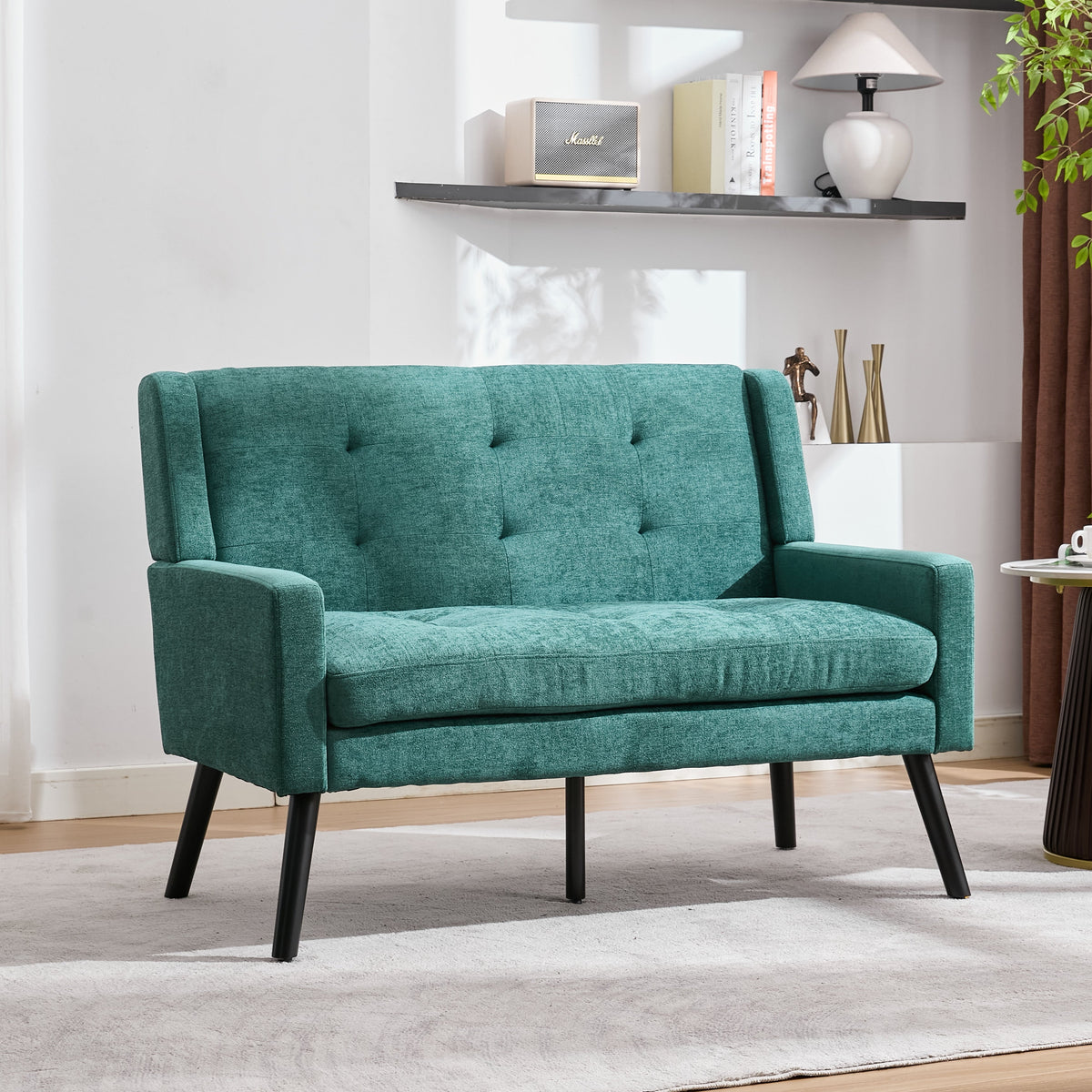 2-Seater Linen Bench with Solid Wood Legs and Button Tufting, Natural Linen Tone