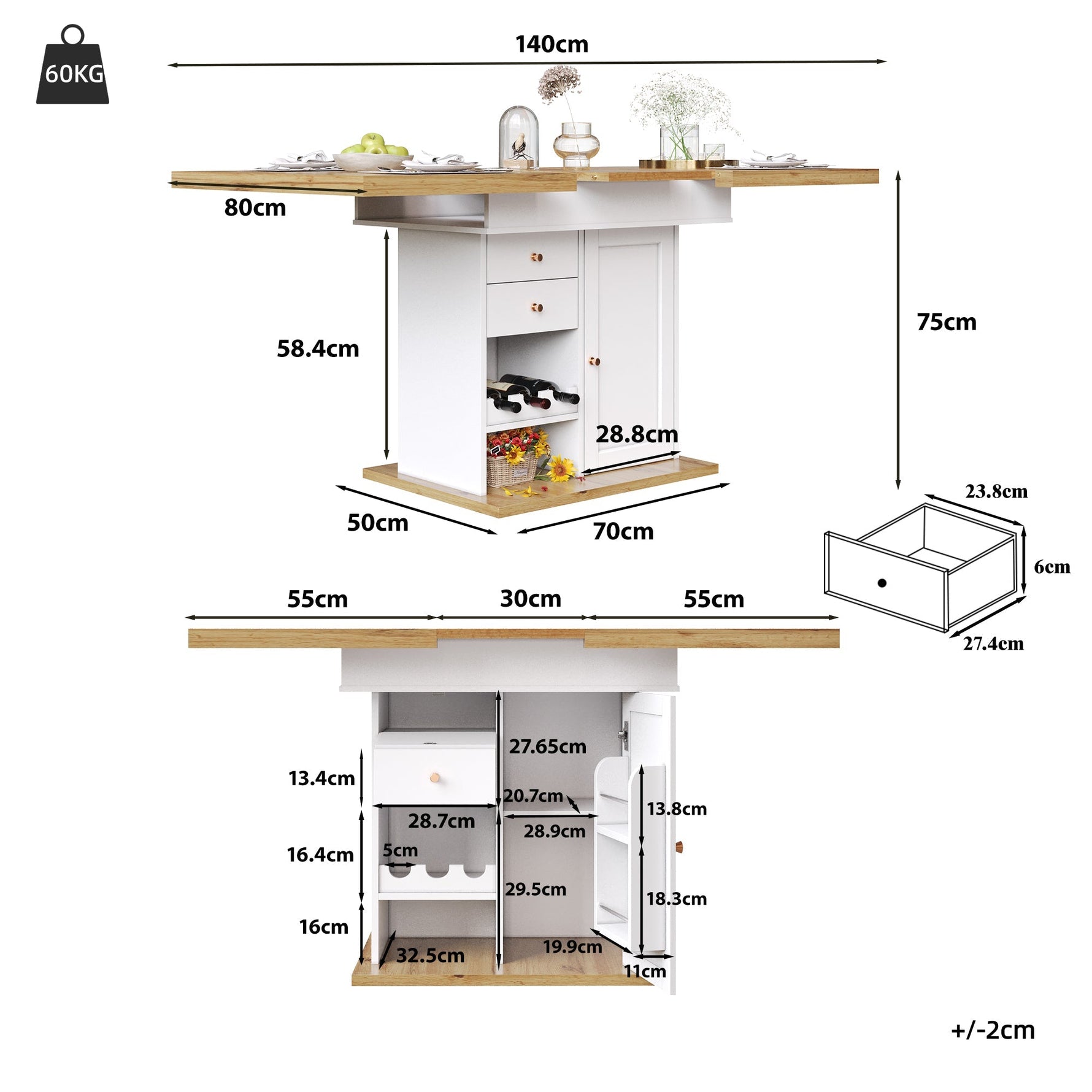 Telescopic Dining Table with Extendable Design and Wine Rack, White