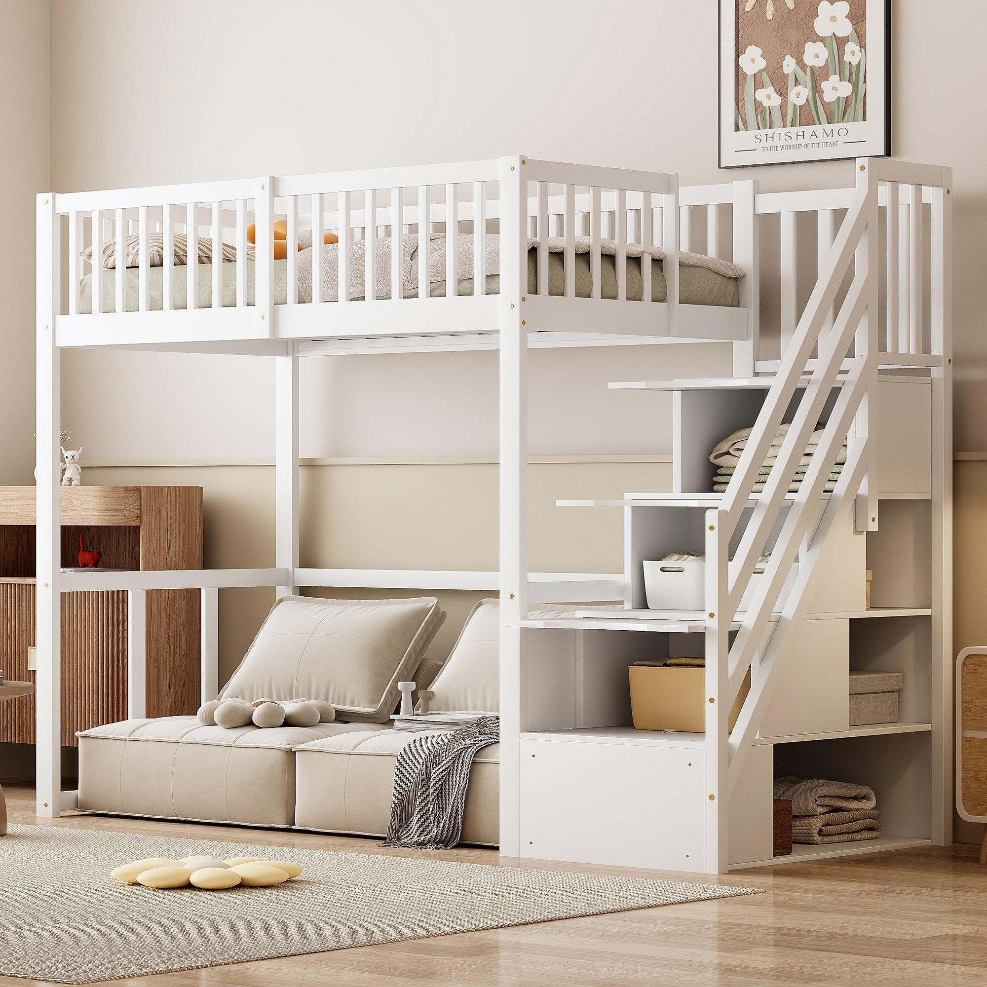 Loft Bed 90x200 Safety Storage Ladder Solid Pine Wood, White