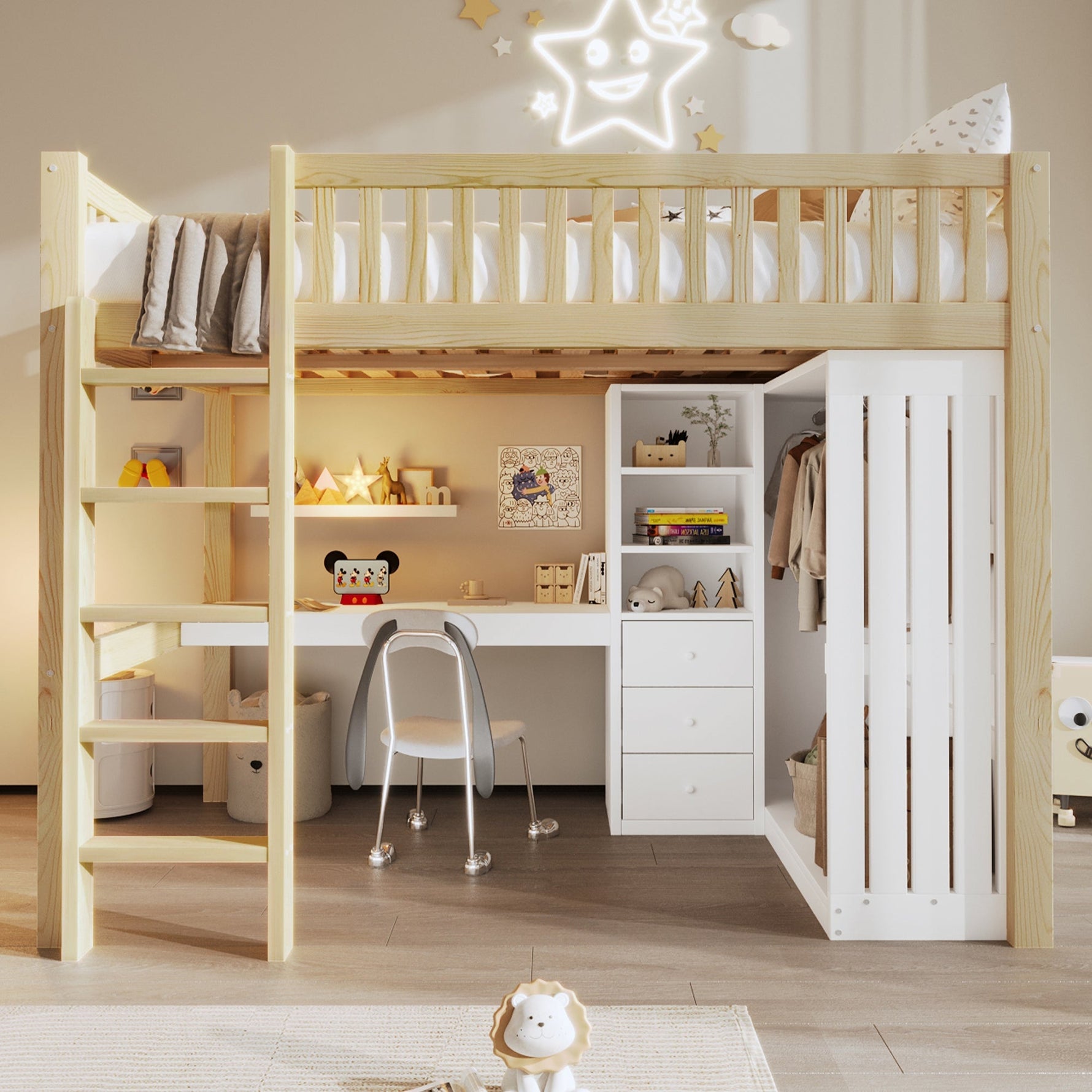 Loft Bed with Desk, Wardrobe and 3 Drawers, Natural
