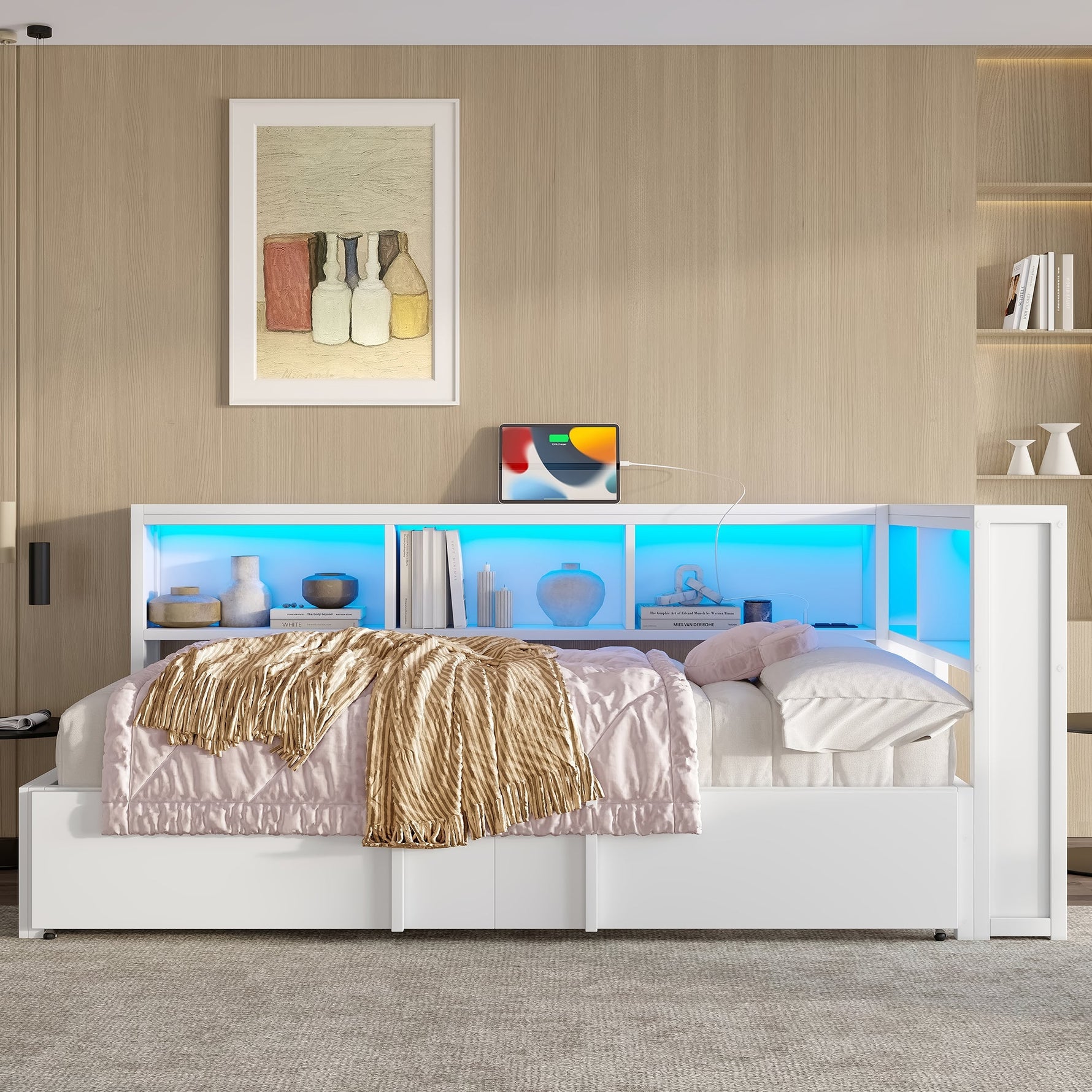 Metal Daybed 90x200cm Pull-out Bed Storage Cabinets LED USB White