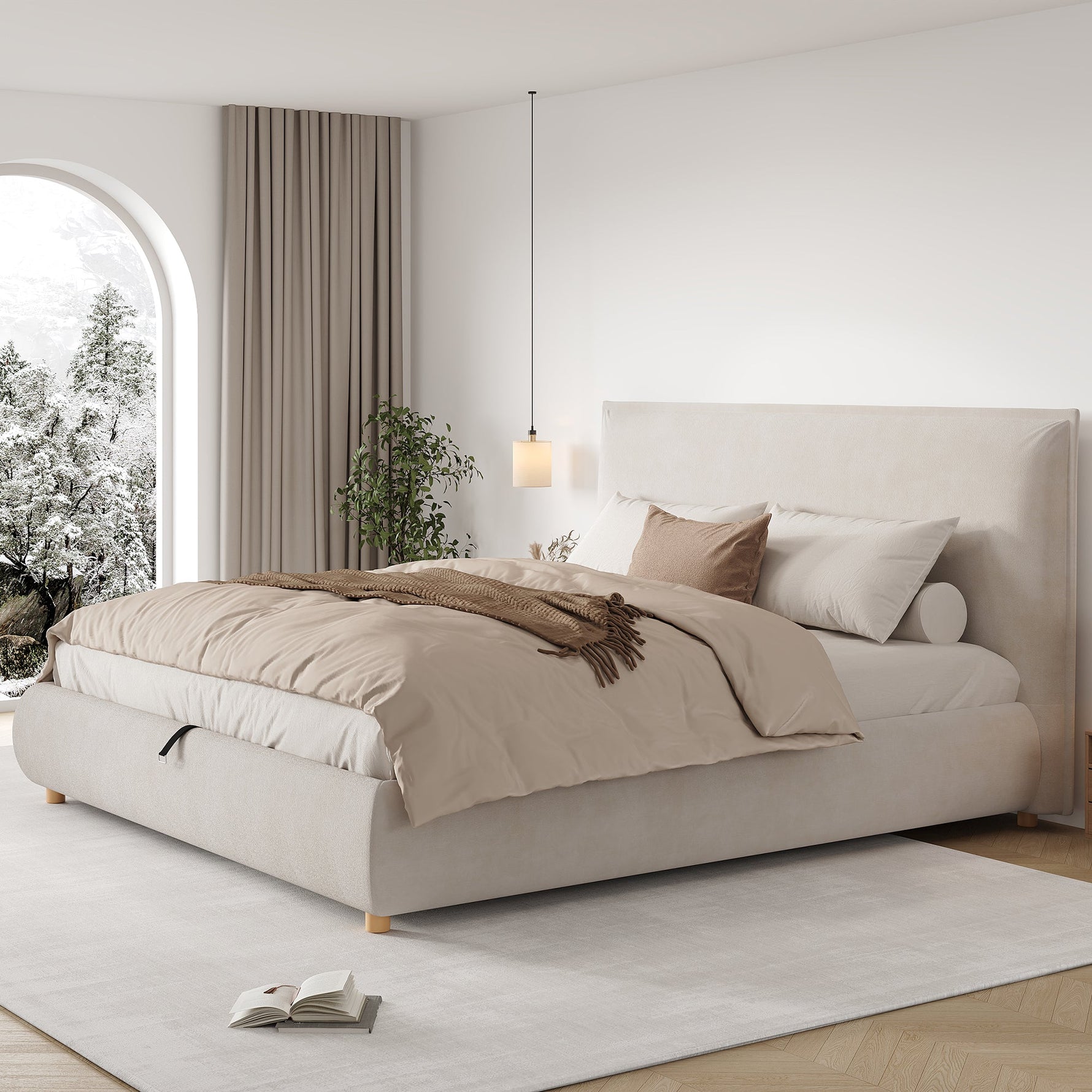 Upholstered Double Bed with Hydraulic Storage and Slatted Base, 180x200cm, Cream Velvet