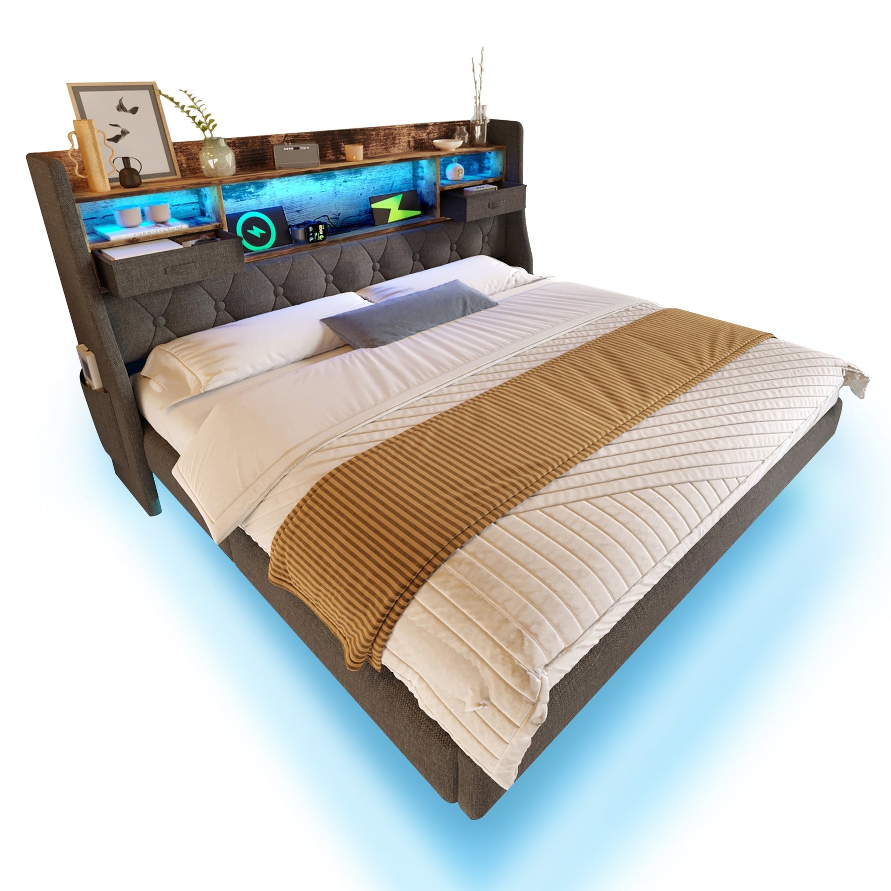 Upholstered Bed 180x200 Floating LED Charging Station Storage Headboard, Linen Grey