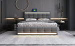 Upholstered Bed 140x200, LED, 4 Drawers, 2 USB Charging Stations, Linen Fabric Gray