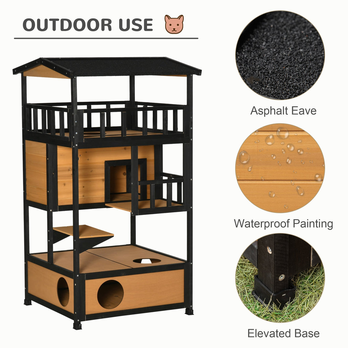 Cat House, 4 Levels with Stairs, Winter-Proof, Yellow Fir Wood