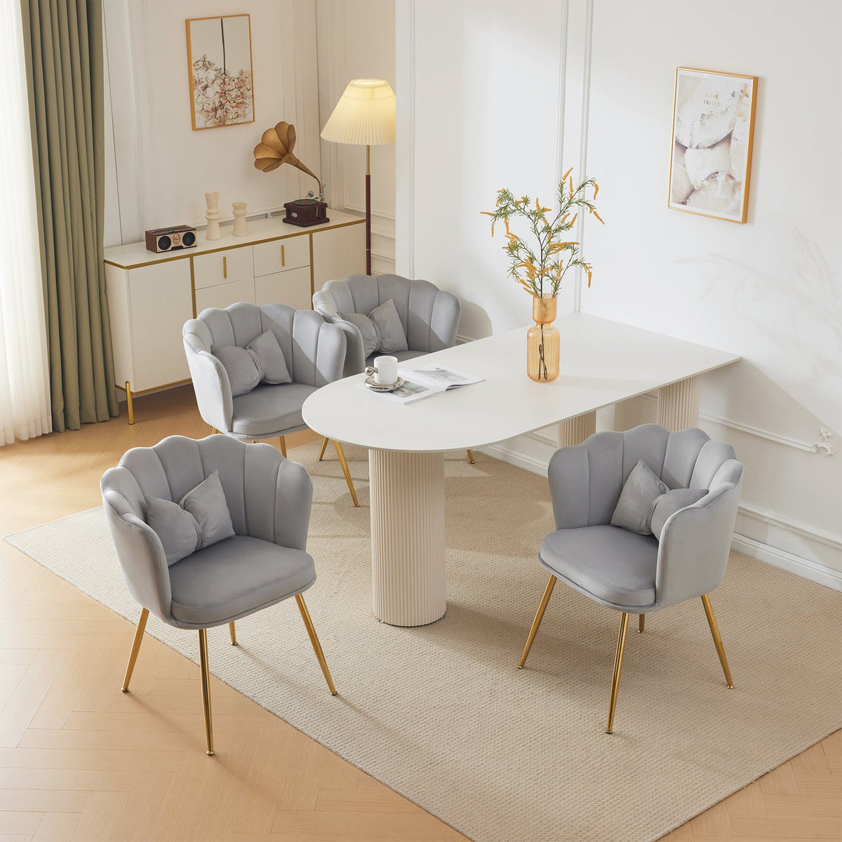 Chairs, Set of 4 Velvet Upholstered with Petal Back & Gold Legs, Modern